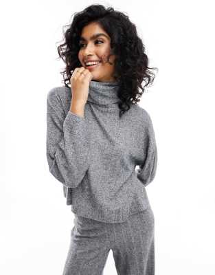 brushed cozy turtle neck top in gray - part of a set