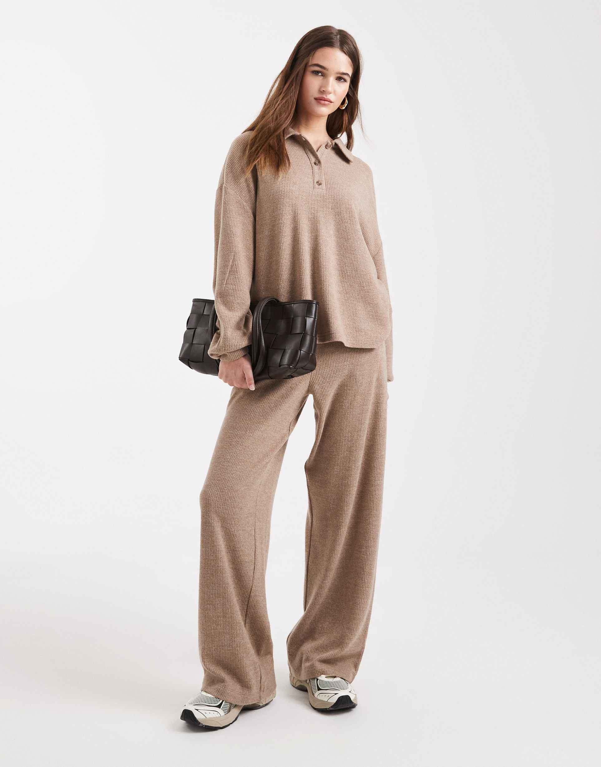 miss selfridge brushed jersey wide leg pants in camel - part of a set