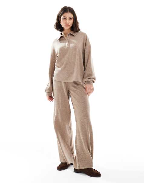 Miss Selfridge brushed jersey wide leg trouser co-ord in camel - view 1