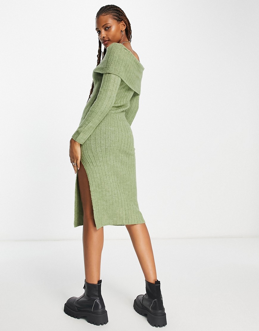 miss selfridge brushed knit rib fold over midaxi dress with high split in khaki-green