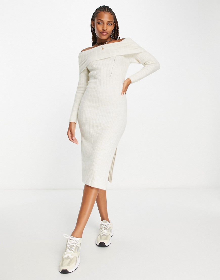 Miss Selfridge brushed knit rib fold over midaxi dress with high split in oatmeal-Neutral
