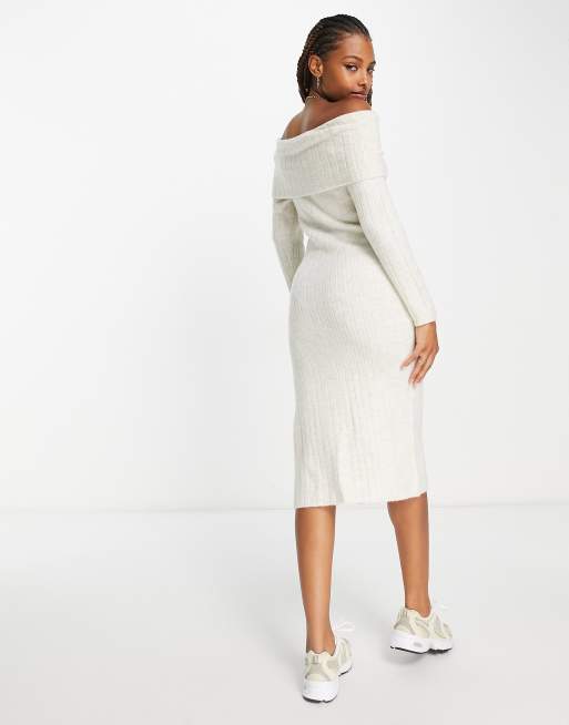 Miss Selfridge brushed knit rib fold over midaxi dress with high split in oatmeal