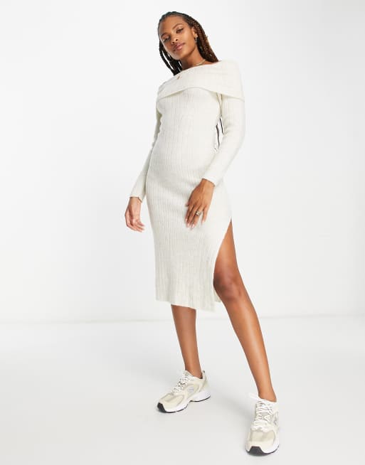 Black off shoulder cheap rib knitted midaxi dress