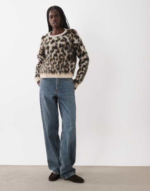 Miss Selfridge brushed knitted jumper with embellished detail in animal, 3 of 4
