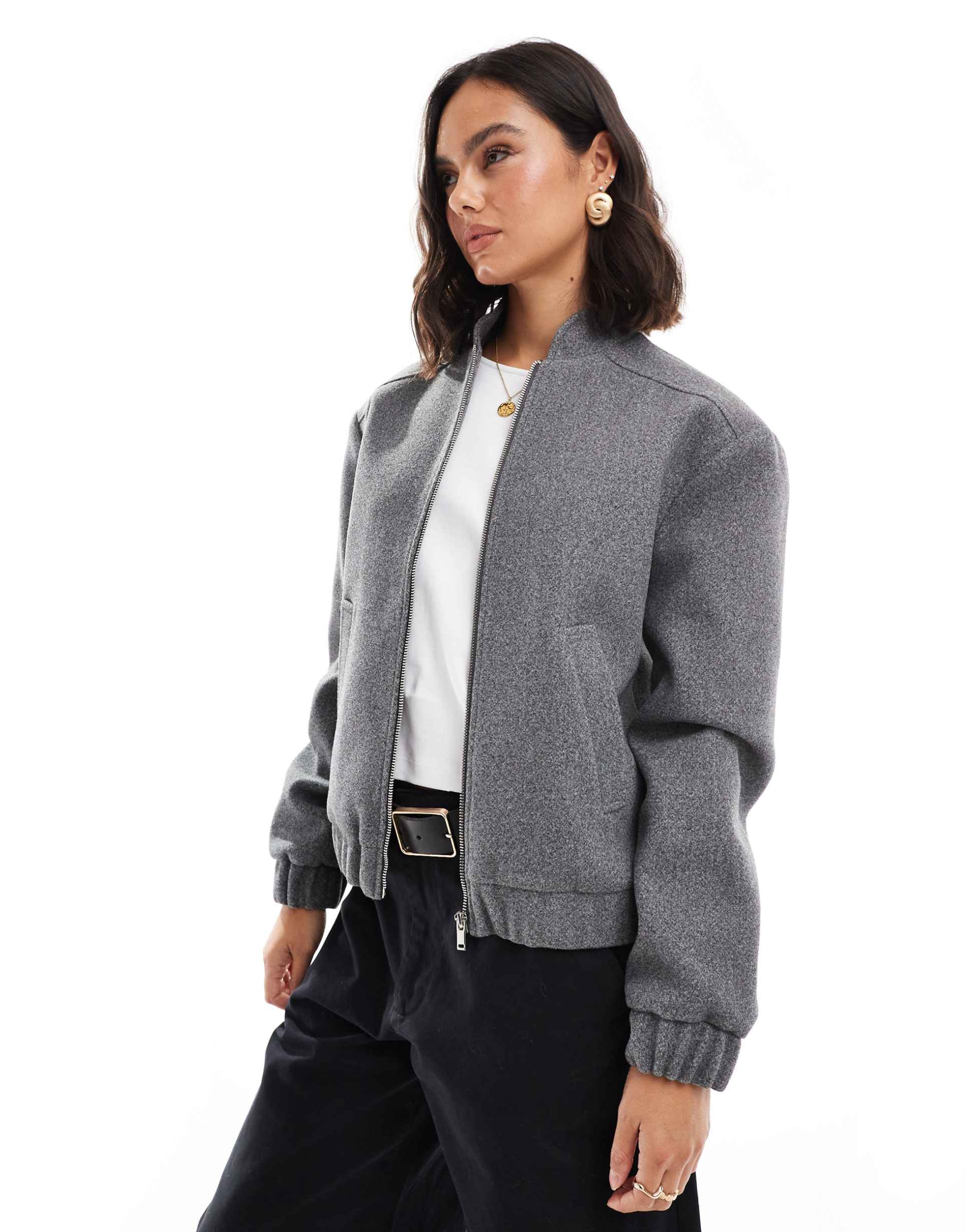 miss selfridge brushed oversized bomber jacket in gray