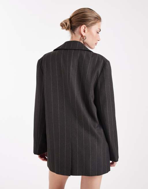 Miss Selfridge brushed oversized double breasted blazer in grey pinstripe (part of a set), 2 of 4