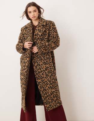 Miss Selfridge brushed oversized maxi coat in leopard print-Multi