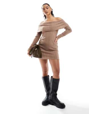 Miss Selfridge Miss Selfridge brushed rib bardot long sleeve mini dress in light brown
