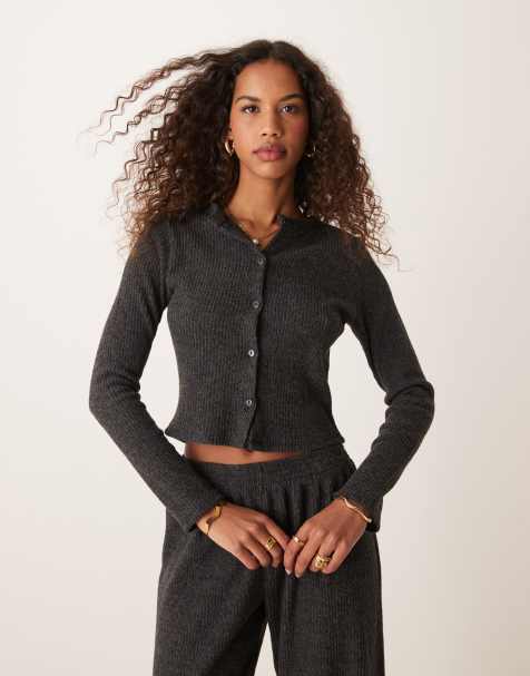 Miss Selfridge brushed rib cardi in charcoal gray - view 1