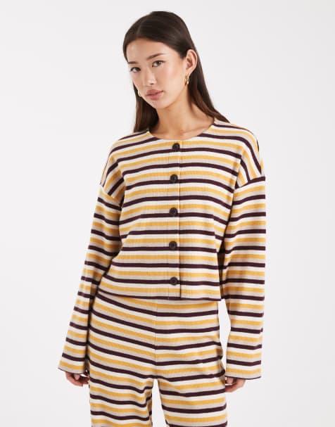 Miss Selfridge brushed rib cardigan co-ord in burgundy stripe - view 1