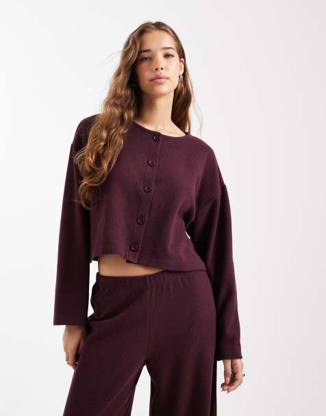 Miss Selfridge brushed rib cardigan in plum - part of a set - view 1