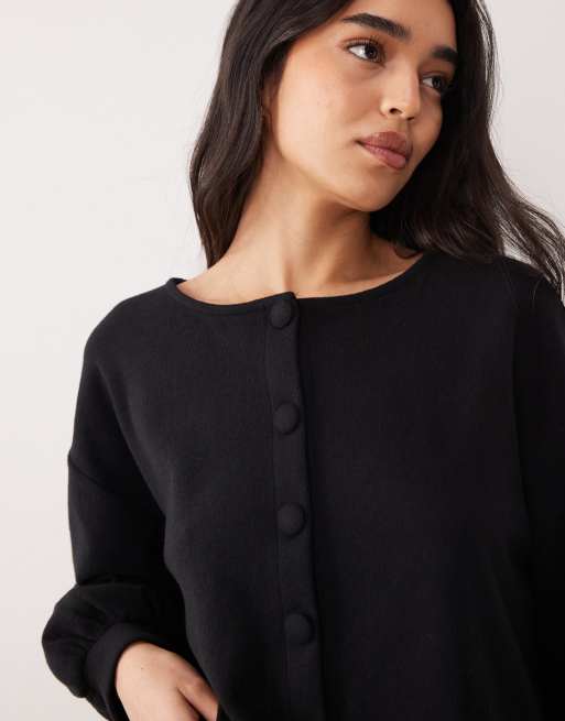 Miss Selfridge brushed rib cardigan with balloon sleeve in black, 3 of 4