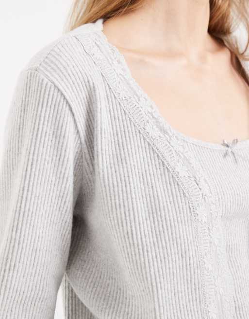 Miss Selfridge brushed rib cardigan with lace co-ord in light grey, 3 of 4