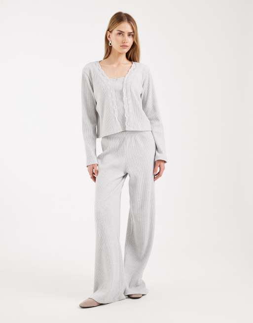 Miss Selfridge brushed rib cardigan with lace co-ord in light grey, 4 of 4