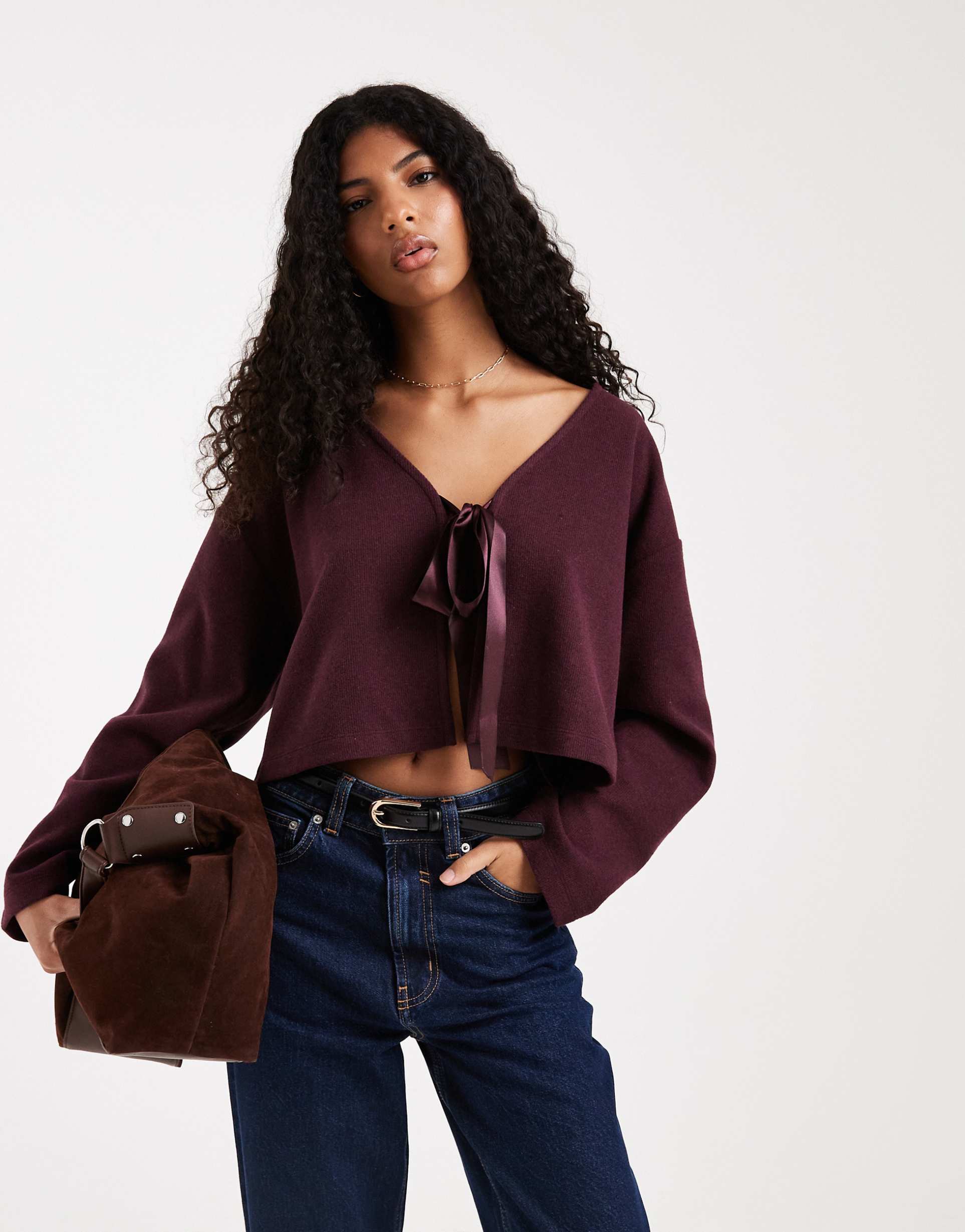 miss selfridge brushed rib cardigan with satin bow in plum