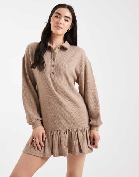 Miss Selfridge brushed rib collar detail sweat dress in camel - view 1