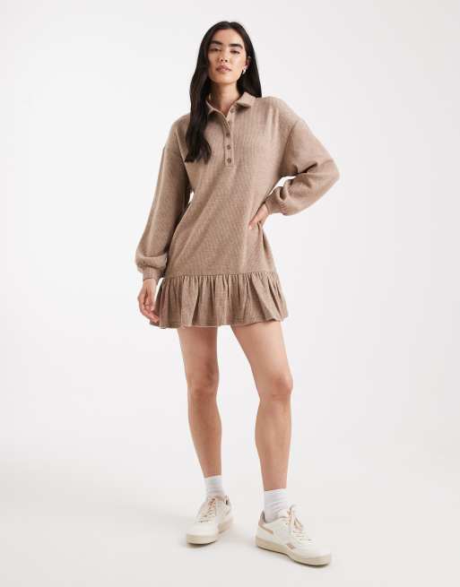 Miss Selfridge brushed rib collar detail sweat dress in camel, 2 of 4