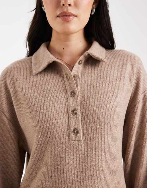 Miss Selfridge brushed rib collar detail sweat dress in camel, 3 of 4