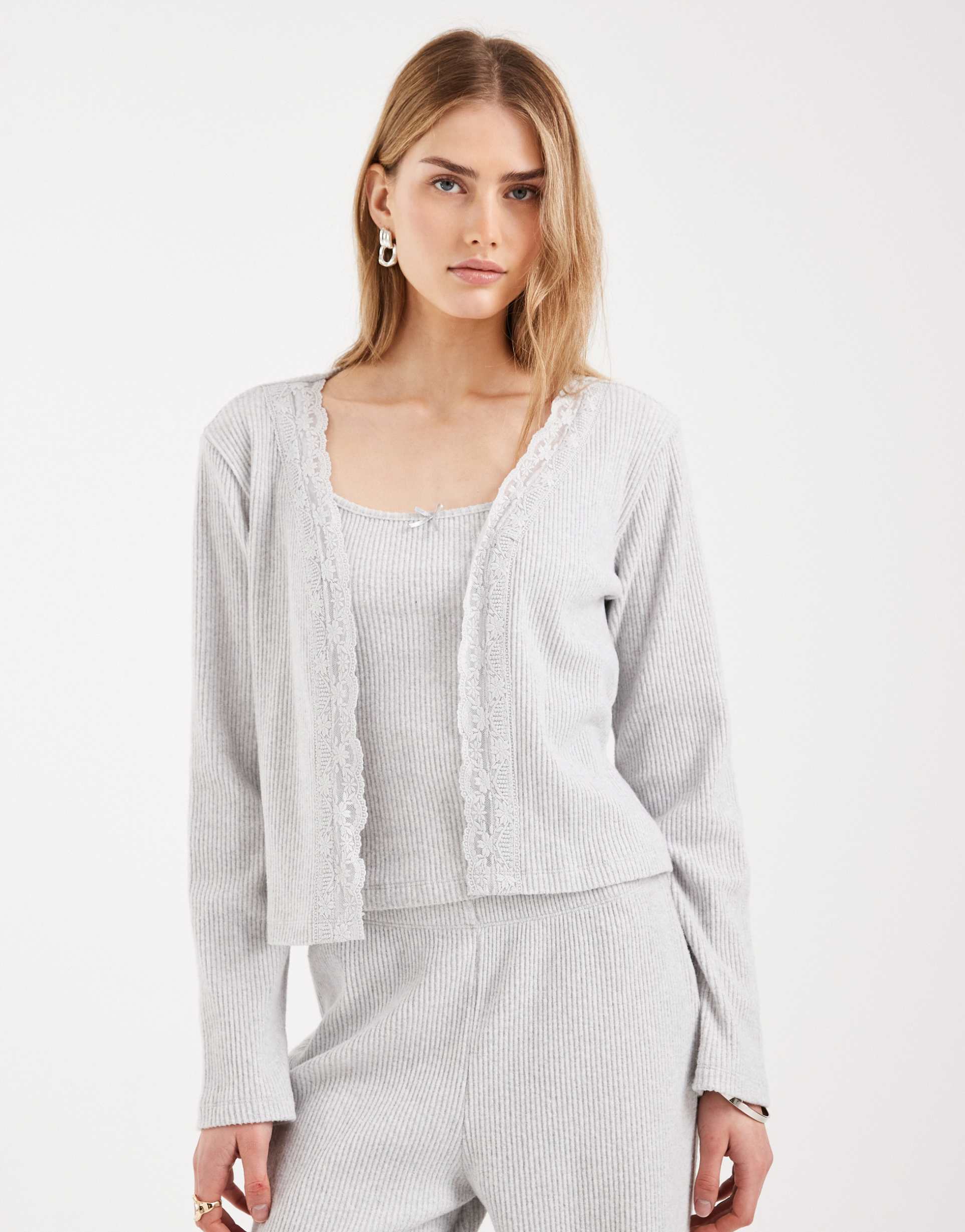 miss selfridge brushed rib knit cardigan with lace in light gray - part of a set
