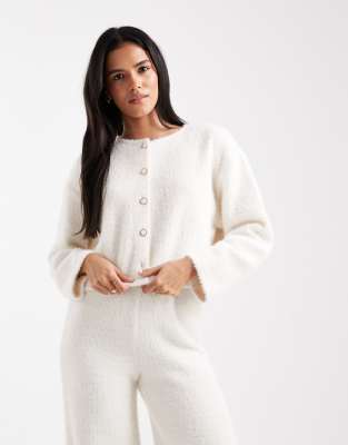 Miss Selfridge Brushed Rib Knit Faux Pearl Button Up Top-white