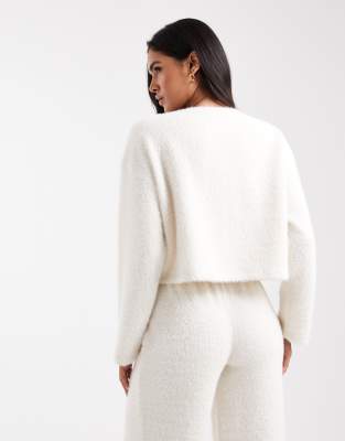 Miss Selfridge Brushed Rib Knit Faux Pearl Button Up Top-white In White