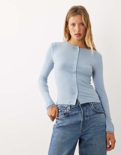 Miss Selfridge brushed rib knit lace cuff cardigan in blue , 2 of 4