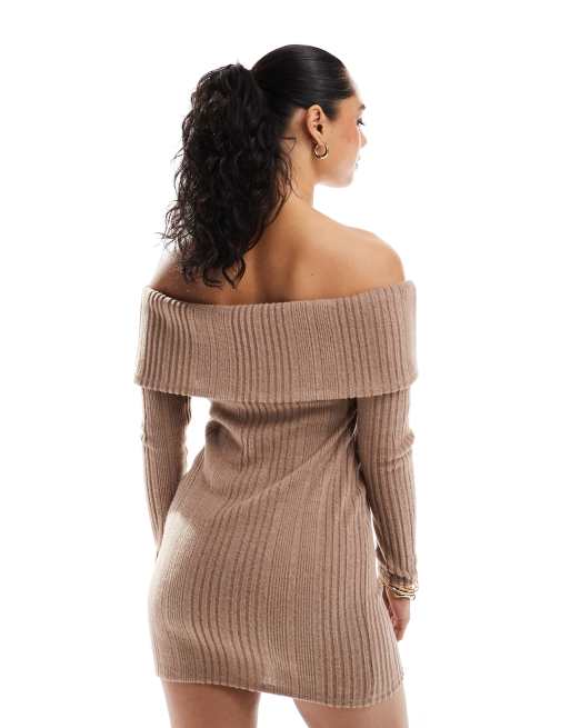 Miss Selfridge brushed rib knit off the shoulder long sleeve mini