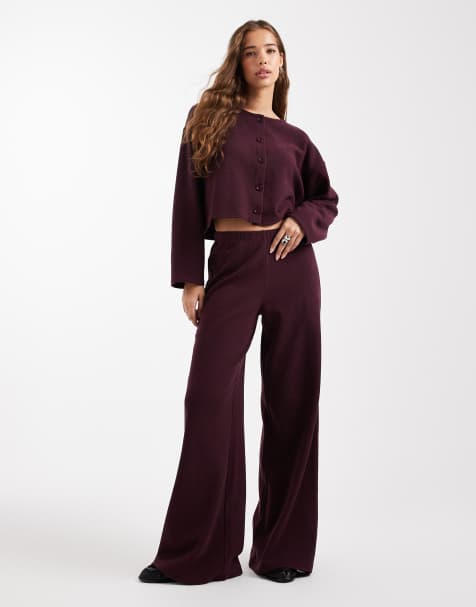 Miss Selfridge brushed rib knit pants in plum - part of a set - view 1