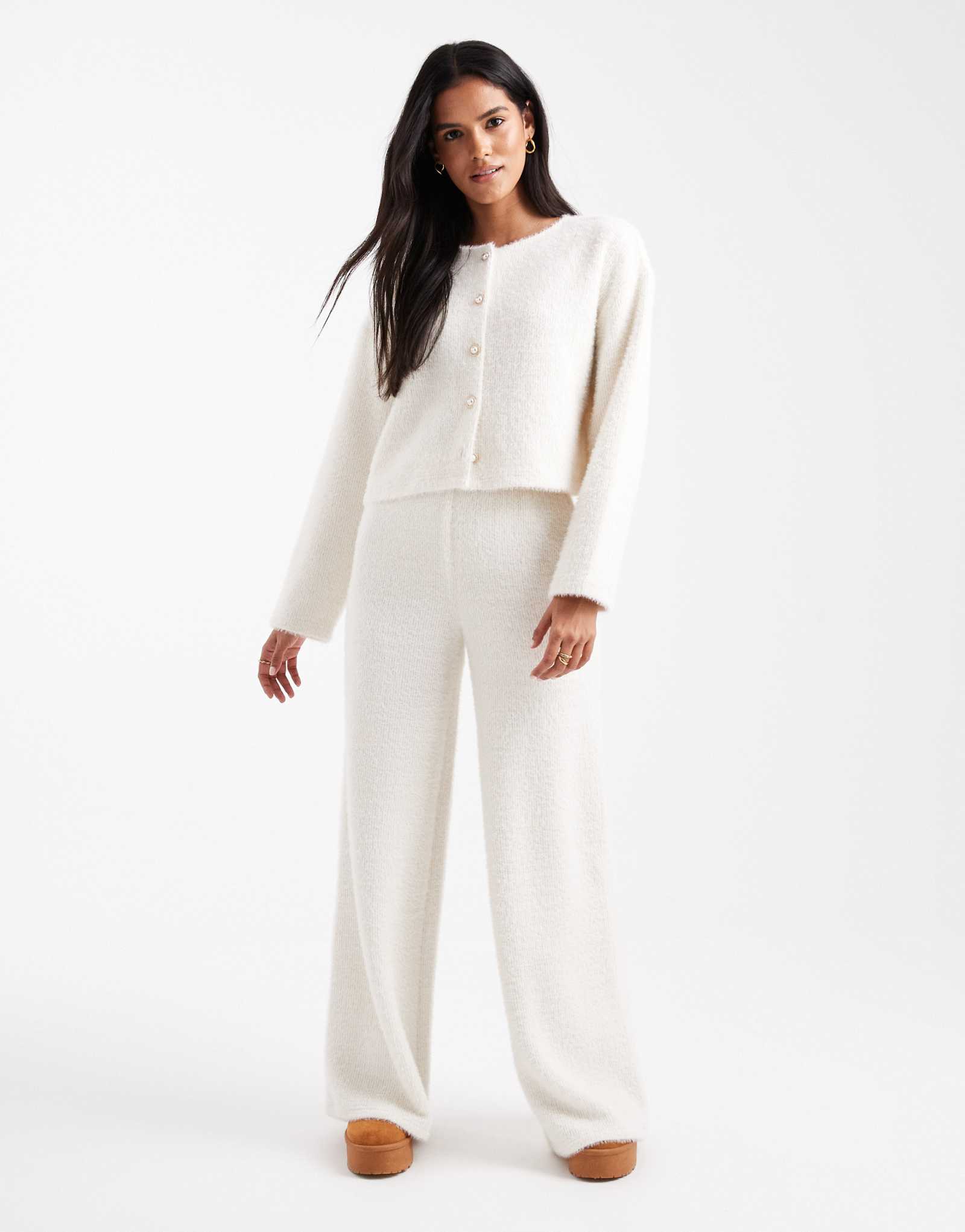 Широкие брюки кремового цвета из матового трикотажа в рубчик Miss Selfridge