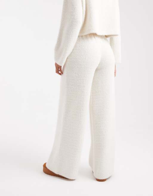 Miss Selfridge brushed rib knit wide leg pants in cream, 4 of 5