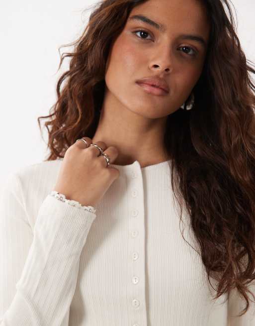 Miss Selfridge brushed rib lace cuff cardigan in cream, 3 of 4
