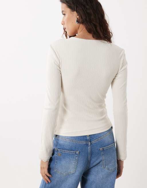Miss Selfridge brushed rib lace cuff cardigan in cream, 4 of 4