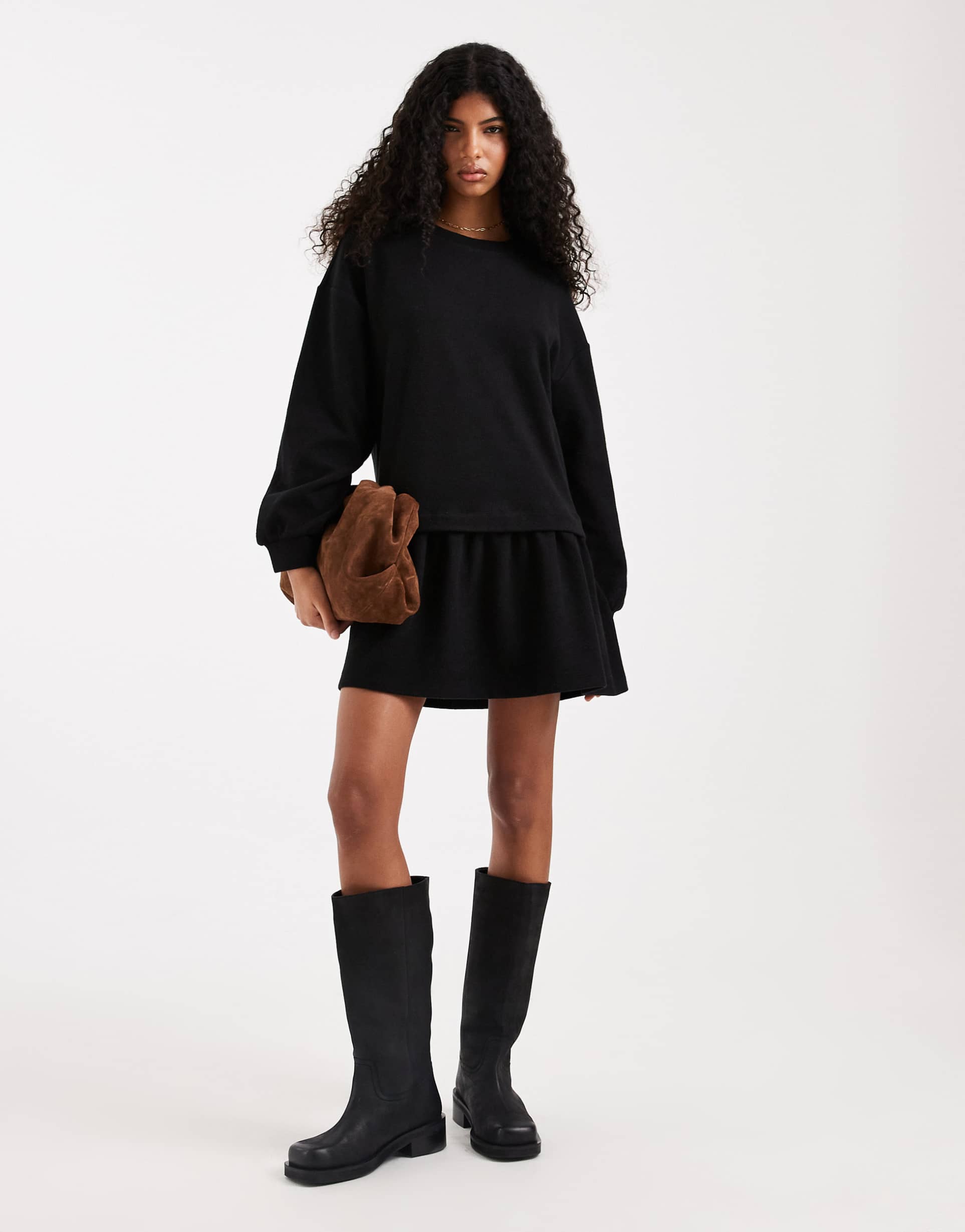 miss selfridge brushed rib smock dress with drop waist in black
