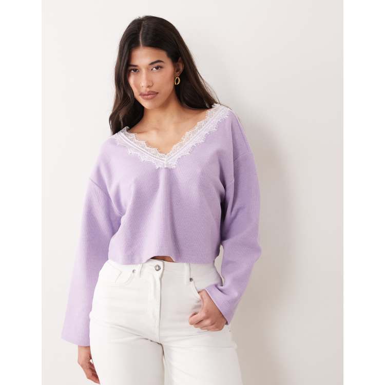 Miss Selfridge brushed rib V-neck top with lace in lilac | ASOS