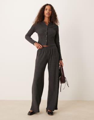 brushed rib wide leg pants-Gray