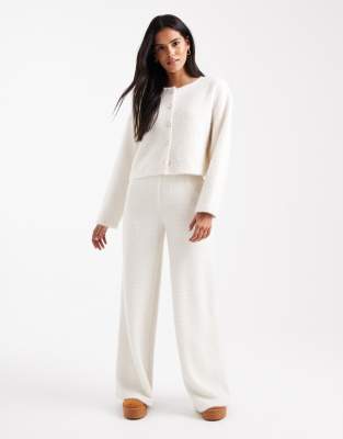 Miss Selfridge Miss Selfridge brushed rib wide leg trouser in cream-White
