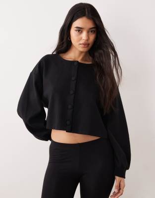 Miss Selfridge Brushed Ribbed Cardigan With Balloon Sleeve In Black