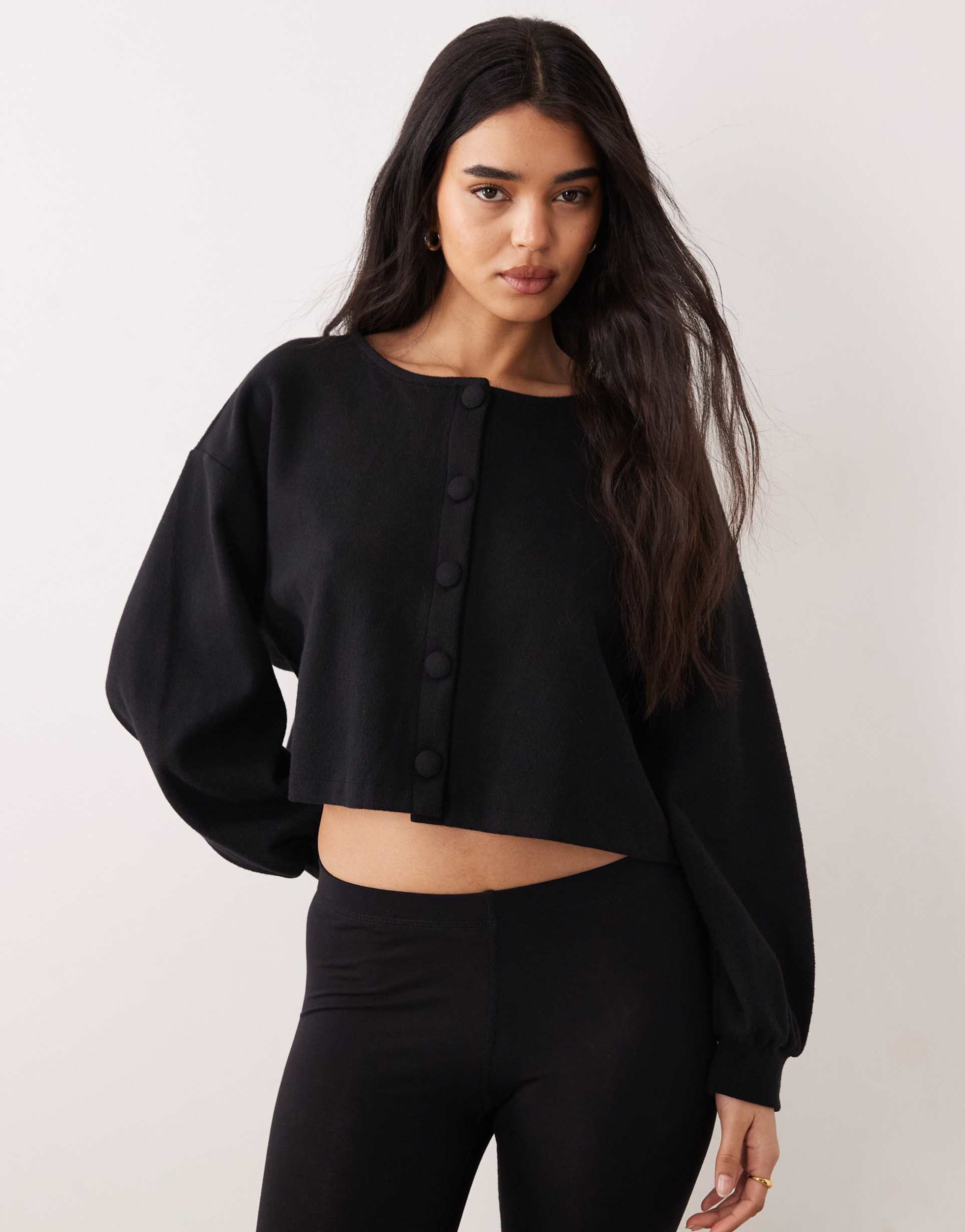 miss selfridge brushed ribbed cardigan with balloon sleeve in black