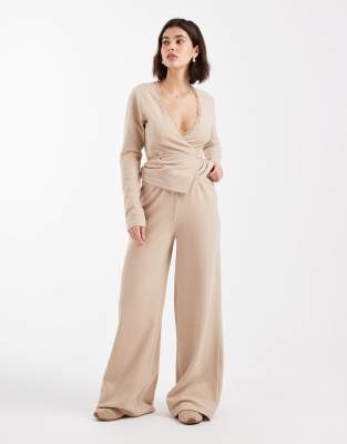 Miss Selfridge Brushed Waffle Knit Wrap Top In Brown