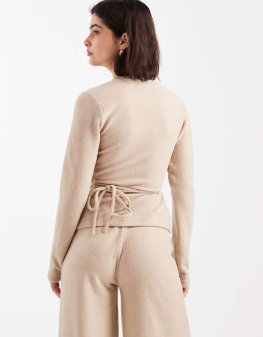 Miss Selfridge brushed waffle knit wrap top in mushroom, 4 of 4