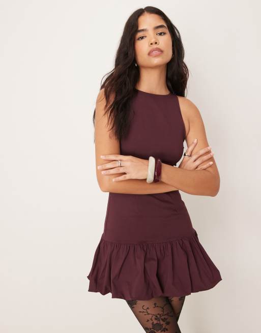 Miss Selfridge bubble hem high neck mini dress in burgundy | ASOS