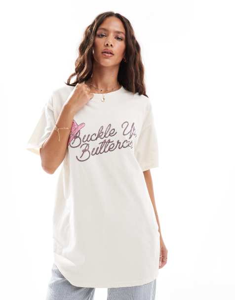 Miss Selfridge Buckle Up Buttercup western graphic baby tee in cream - view 1