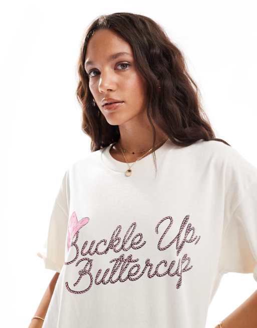 Miss Selfridge buckle up buttercup western graphic baby tee in cream, 3 of 4