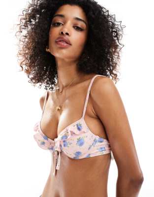 Miss Selfridge - Bügel-Bikinioberteil mit Rosenmuster, gebundener Vorderseite und Rüschen-Bunt