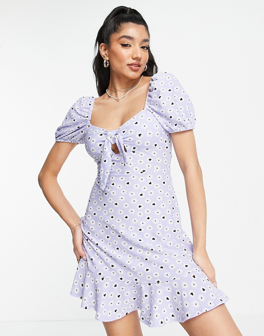 Miss Selfridge bunny tie fit and flare mini dress in lilac heart print-Purple
