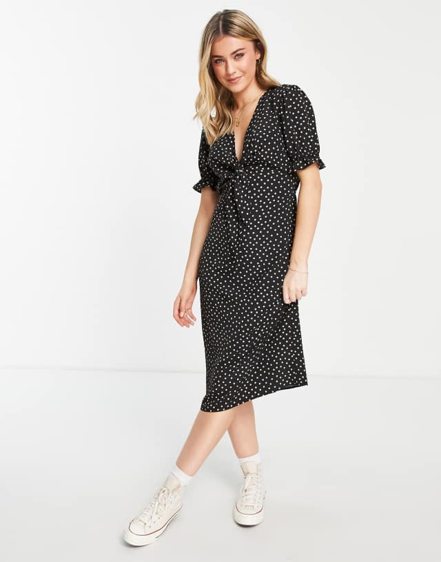 Miss Selfridge bunny tie front midi tea dress in spot print