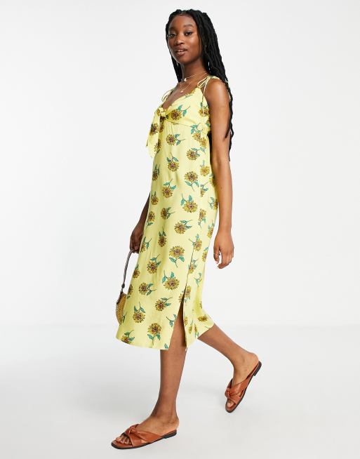 Miss Selfridge bunny tie slip midi dress in yellow sunflower print