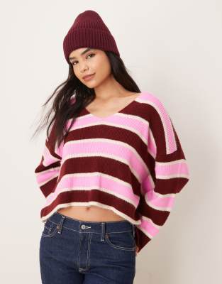 Miss Selfridge - Burgunderrot gestreifter Pullover mit V-Ausschnitt-Bunt