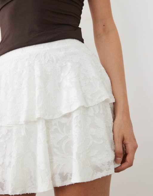 Miss Selfridge burnout layered rara mini skirt in white, 4 of 5
