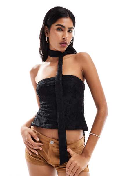 Miss Selfridge burnout textured bandeau scarf top in black - view 1